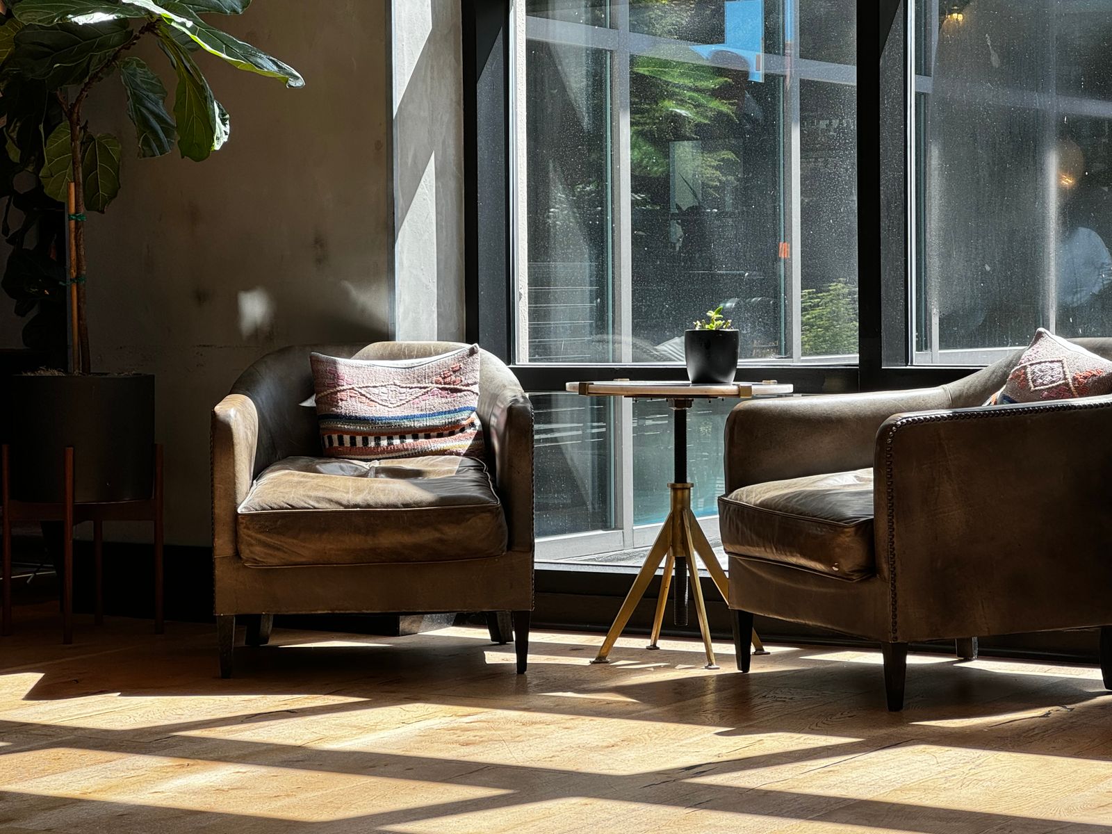 Two comfortable armchairs in warm window light